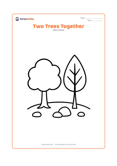 Worksheet: Show two different simple trees side by side: one with a round canopy and one with a pointed leafy top. Add a shared curved ground line and a few large stones.