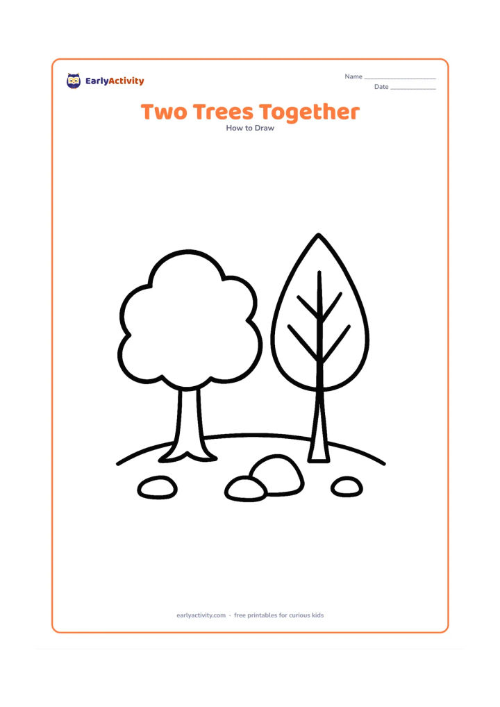 Worksheet: Show two different simple trees side by side: one with a round canopy and one with a pointed leafy top. Add a shared curved ground line and a few large stones.