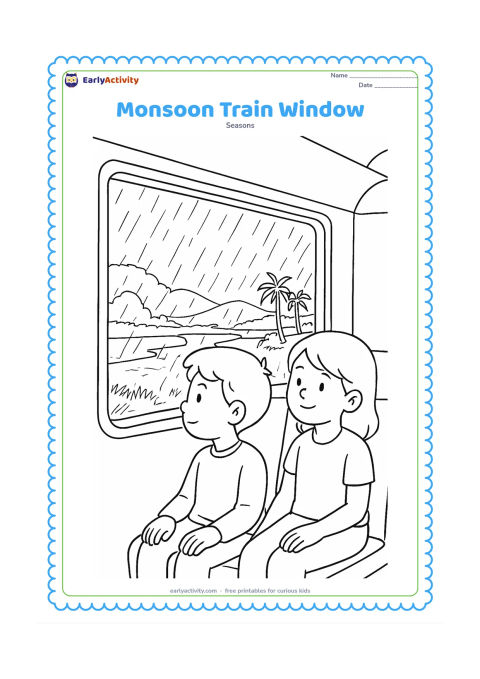 Colouring page: Children sit safely inside a train beside a large window, looking at rain over green fields, a river, palm trees, and distant hills. Show reflections and water trails on the window, with…