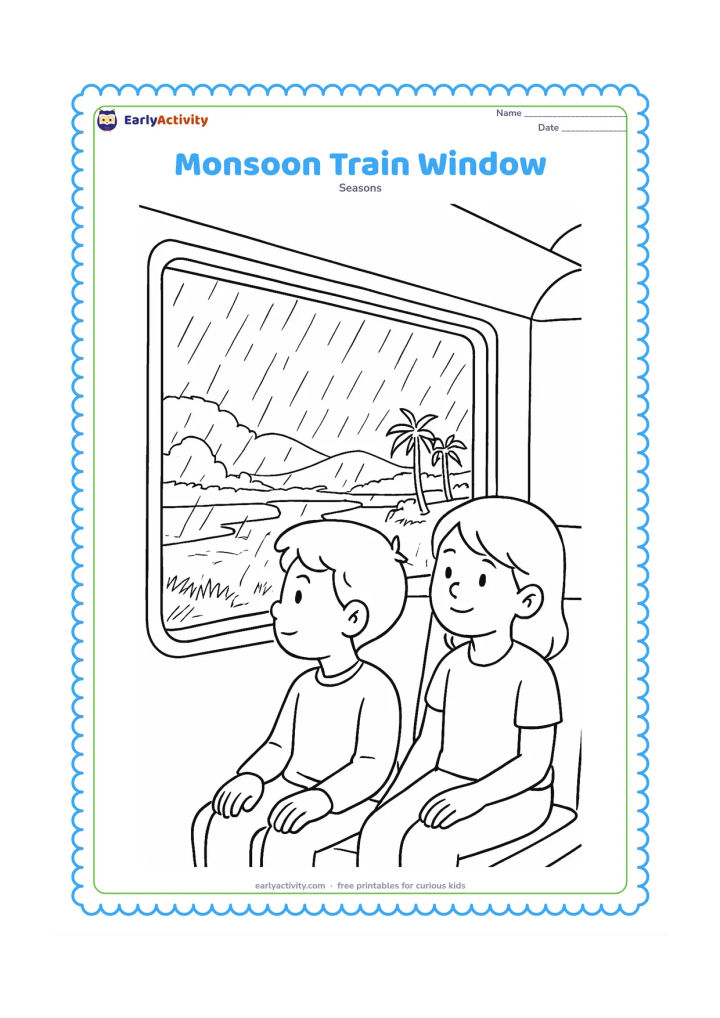 Colouring page: Children sit safely inside a train beside a large window, looking at rain over green fields, a river, palm trees, and distant hills. Show reflections and water trails on the window, with…