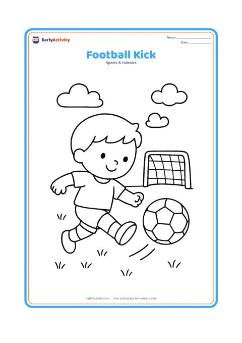 Colouring page: A child kicks a football toward a small goal on a grassy field, with a few clouds and a simple goal net in the background. Show the kicking leg and ball in a clear action pose.