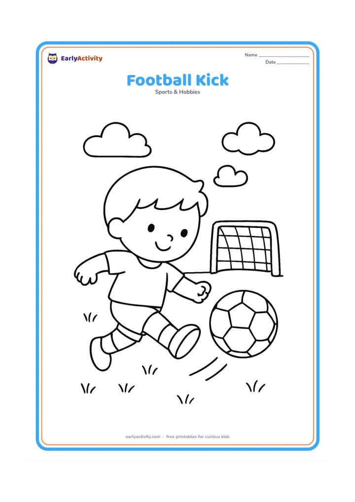 Colouring page: A child kicks a football toward a small goal on a grassy field, with a few clouds and a simple goal net in the background. Show the kicking leg and ball in a clear action pose.