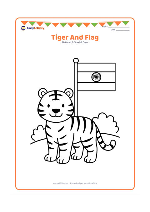 Colouring page: Draw a friendly standing Bengal tiger beside an Indian flag displayed on a pole, with two bushes and a low hill behind. Give the tiger a calm, welcoming expression.