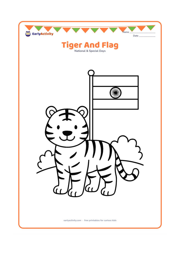 Colouring page: Draw a friendly standing Bengal tiger beside an Indian flag displayed on a pole, with two bushes and a low hill behind. Give the tiger a calm, welcoming expression.