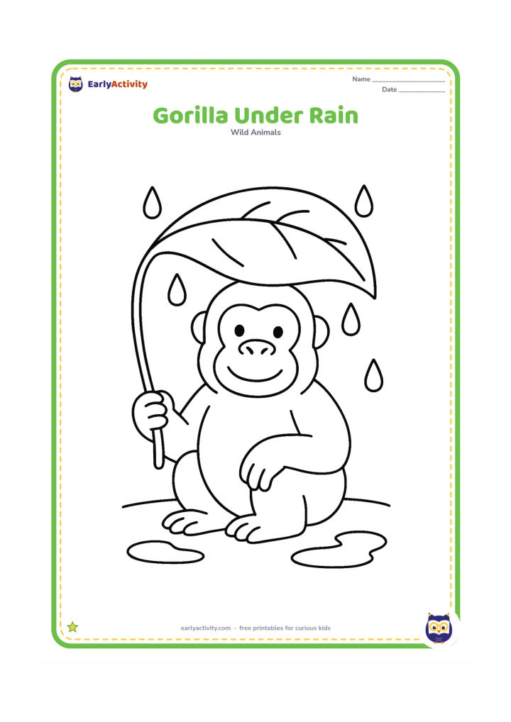 Colouring page: A gorilla sits under a large broad leaf held overhead like an umbrella while a few simple raindrops fall around it. Add two puddle curves on the ground.