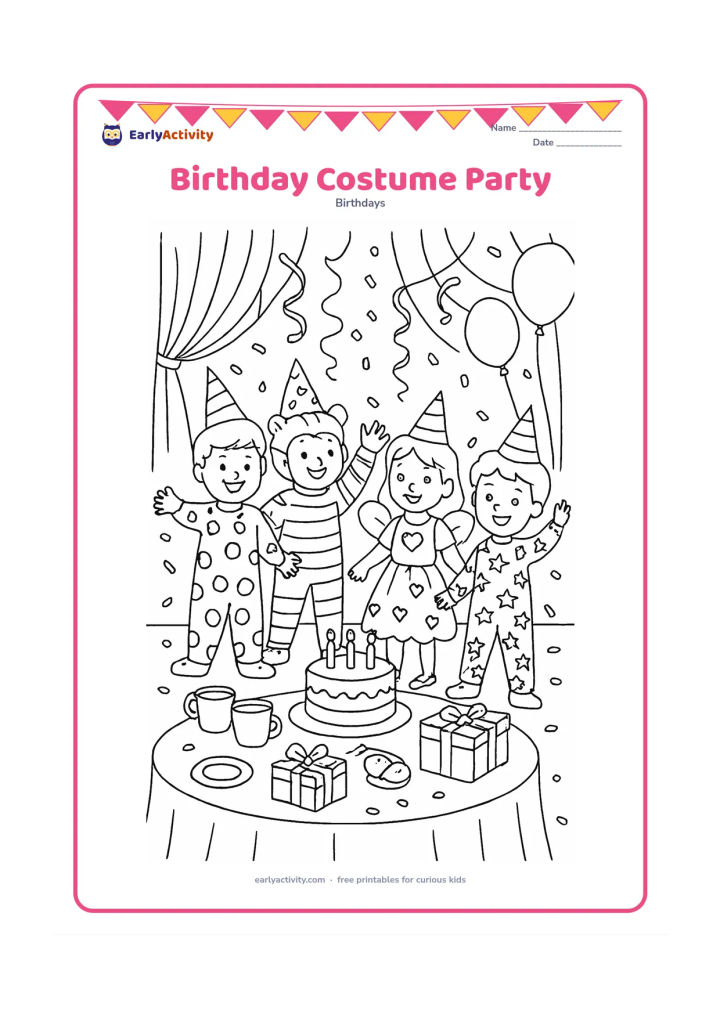 Colouring page: Four friends in different cheerful costumes pose around a birthday cake and a table of gifts, party hats, cups, and snacks. Add streamers, balloons, a curtain, and confetti across the floor.