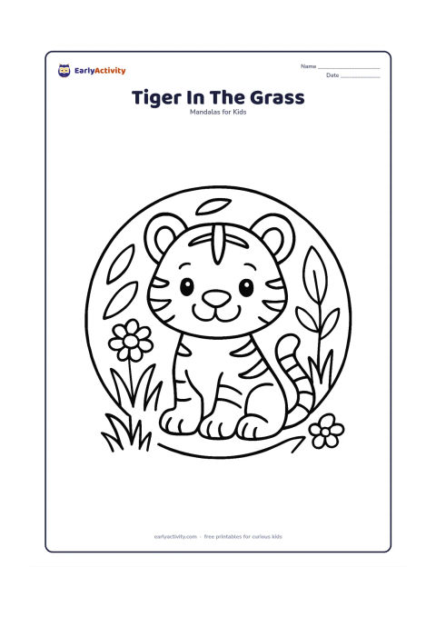 Colouring page: A seated tiger cub is centred in a circular mandala, with its tail curled beside it. Add large grass tufts, simple leaves, round flowers and broad stripe shapes around the cub.