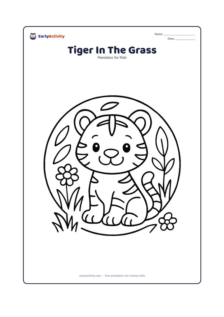 Colouring page: A seated tiger cub is centred in a circular mandala, with its tail curled beside it. Add large grass tufts, simple leaves, round flowers and broad stripe shapes around the cub.