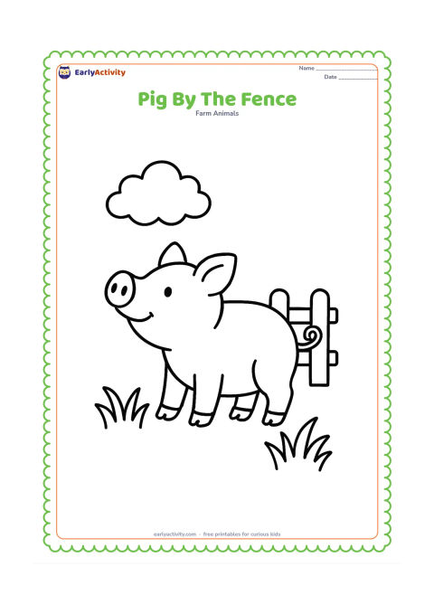 Colouring page: A friendly pig stands beside a short wooden fence, facing left with its snout raised. Add two large grass clumps and one puffy cloud, leaving wide open areas around the pig.