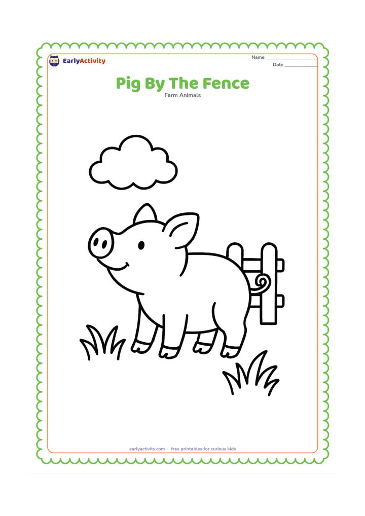 Colouring page: A friendly pig stands beside a short wooden fence, facing left with its snout raised. Add two large grass clumps and one puffy cloud, leaving wide open areas around the pig.