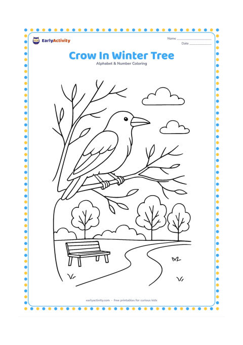 Colouring page: A crow rests on a bare winter branch above a quiet park path, with sparse leaves, a bench, distant trees, and soft clouds. Show the crow's feathers with a few larger sections, not tiny…