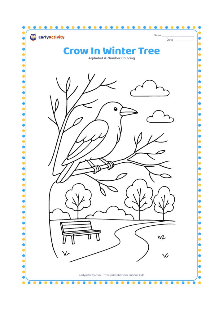 Colouring page: A crow rests on a bare winter branch above a quiet park path, with sparse leaves, a bench, distant trees, and soft clouds. Show the crow's feathers with a few larger sections, not tiny…