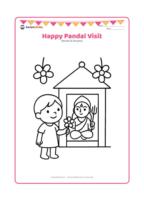Colouring page: A smiling child stands outside a small decorated Durga Puja pandal, holding a flower while a simple Durga idol is visible inside. Add two large hanging flowers and a clear doorway…