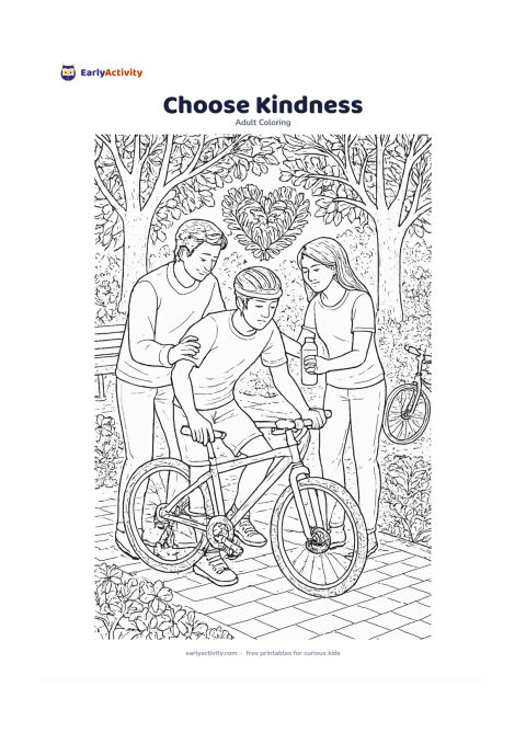 Colouring page: Two adults gently help a fallen cyclist stand beside a tree-lined park path, while a third friend offers a water bottle. Add benches, flowering shrubs, bicycles without markings and a…