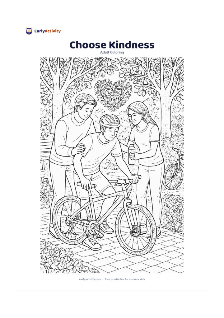 Colouring page: Two adults gently help a fallen cyclist stand beside a tree-lined park path, while a third friend offers a water bottle. Add benches, flowering shrubs, bicycles without markings and a…