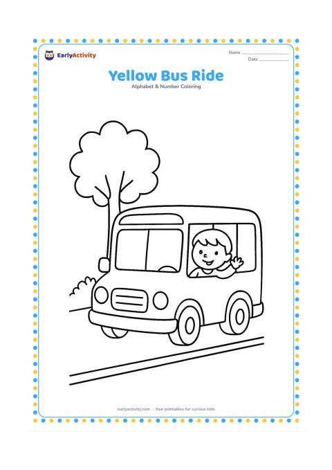 Colouring page: Draw a simple school bus with a child waving through a window, parked beside a tree and a low roadside curb.