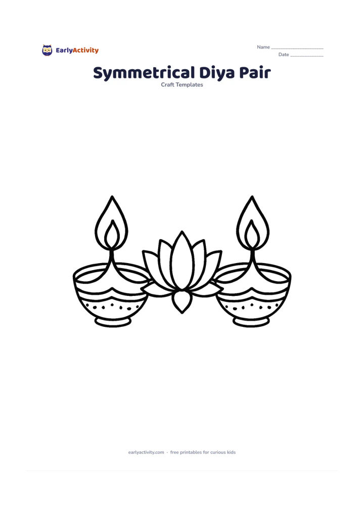Worksheet: Two large matching diyas face inward on either side of a central lotus motif, with mirrored flames, rims, and decorative patterns.