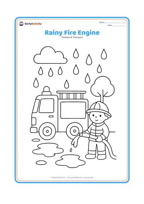 Colouring page: Draw a fire truck parked under gentle raindrops, with a firefighter in a helmet standing beside it and holding a hose. Add puddles, one umbrella-shaped tree and a cloud.