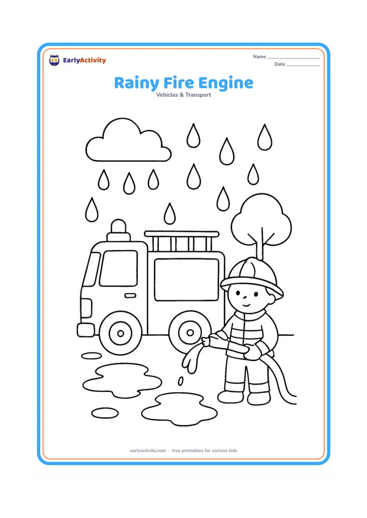 Colouring page: Draw a fire truck parked under gentle raindrops, with a firefighter in a helmet standing beside it and holding a hose. Add puddles, one umbrella-shaped tree and a cloud.