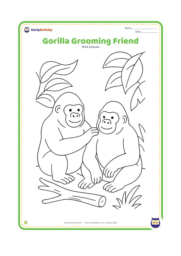 Colouring page: One seated gorilla gently grooms the shoulder of another seated gorilla. Surround them with broad leaves, a fallen branch and a small patch of grass.