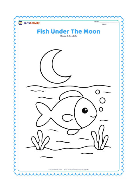 Colouring page: Draw one fish swimming through calm water beneath a large crescent moon seen through the surface, with simple water ripples, bubbles and two sea plants. Keep the fish as the main central…