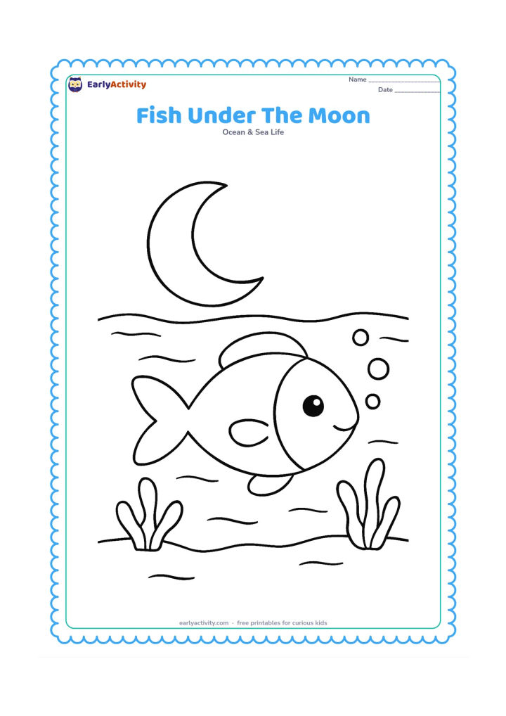 Colouring page: Draw one fish swimming through calm water beneath a large crescent moon seen through the surface, with simple water ripples, bubbles and two sea plants. Keep the fish as the main central…