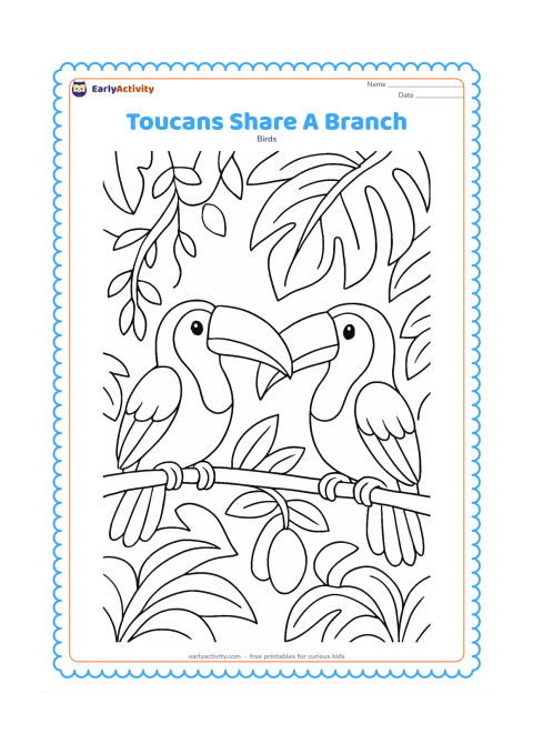 Colouring page: Two toucans sit on a long branch, facing each other as if greeting, with their large bills nearly meeting. Surround them with layered leaves, a hanging vine, and two fruits while keeping…