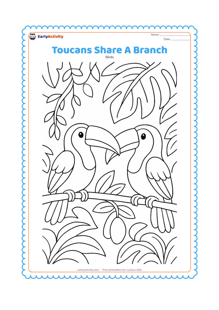 Colouring page: Two toucans sit on a long branch, facing each other as if greeting, with their large bills nearly meeting. Surround them with layered leaves, a hanging vine, and two fruits while keeping…