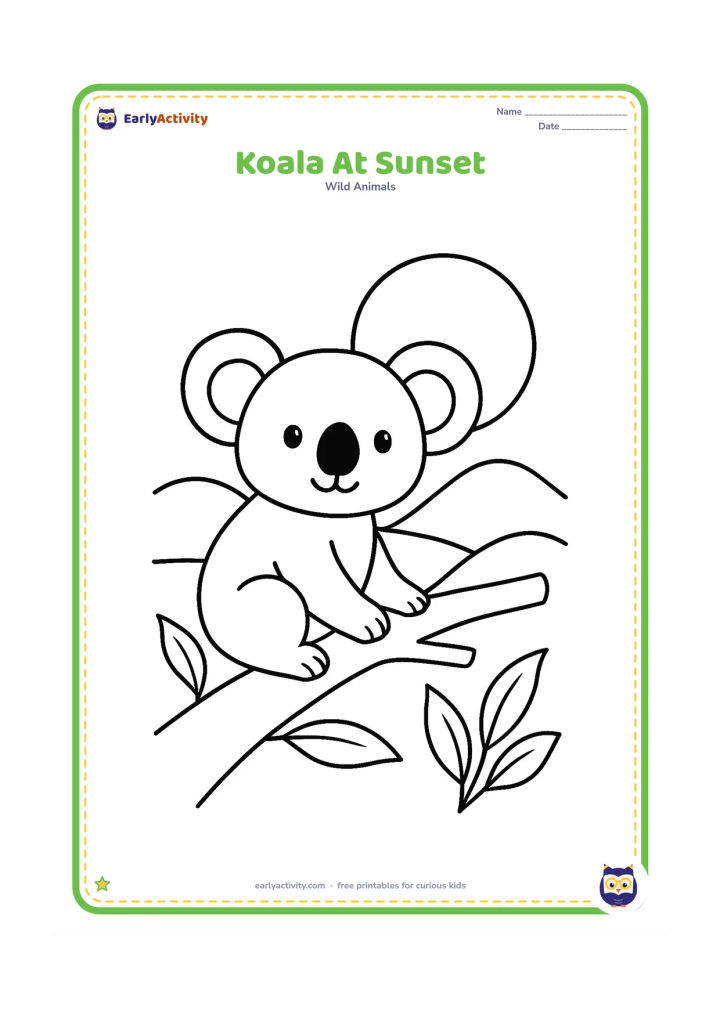 Colouring page: Draw a koala sitting on a branch and looking toward a large setting sun behind distant rounded hills. Add a few simple eucalyptus leaves in the foreground.