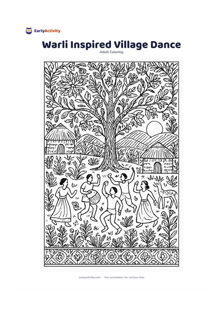 Colouring page: Show a joyful village dance around a central tree, with people in varied poses, a drummer, huts, a deer, crops, hills, and a rising moon. Build the people from simple geometric forms…