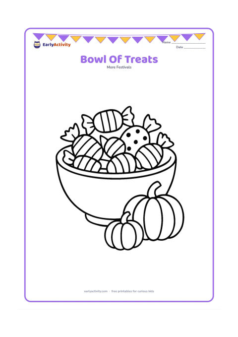 Colouring page: Draw a large bowl filled with individually shaped wrapped sweets, with two round pumpkins beside it. Include simple stripes and dots on the sweets without any writing.