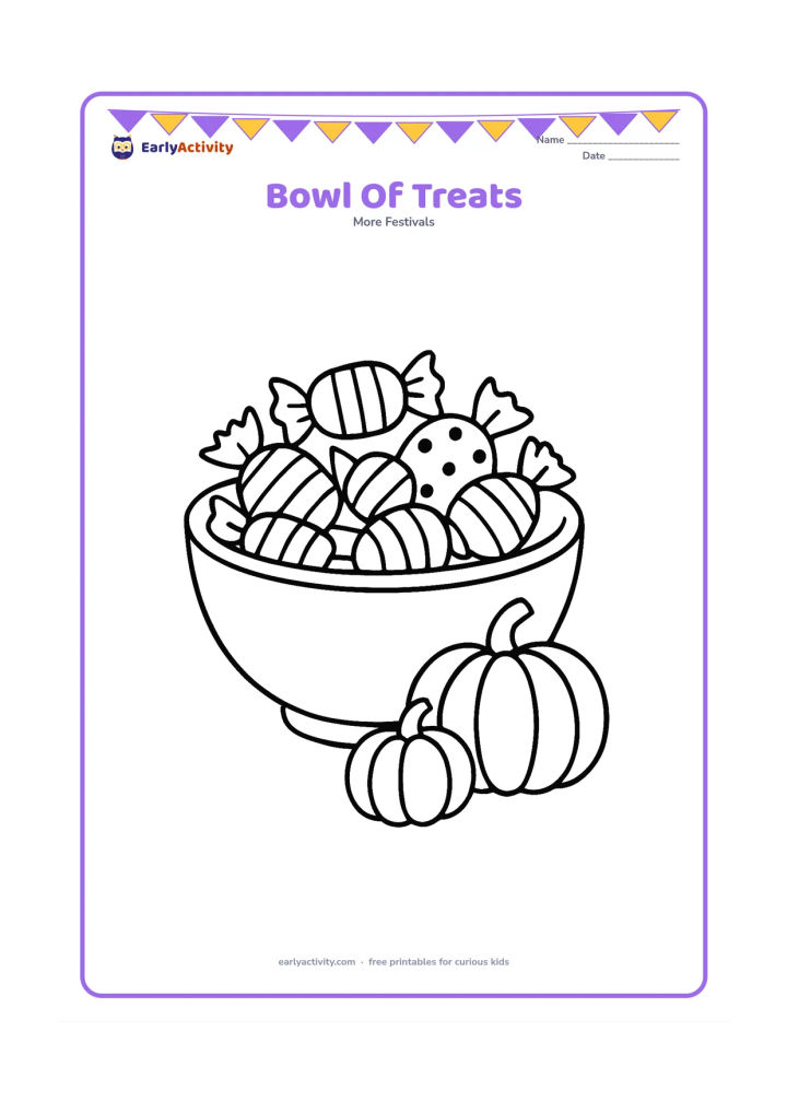 Colouring page: Draw a large bowl filled with individually shaped wrapped sweets, with two round pumpkins beside it. Include simple stripes and dots on the sweets without any writing.