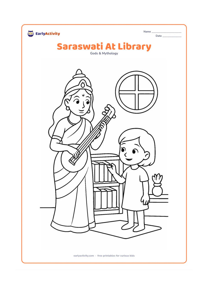 Colouring page: Saraswati stands beside a child choosing a blank-covered book from a low bookshelf. Add several books with empty spines, a reading mat, a round window, and a small lotus vase.
