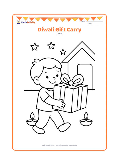 Colouring page: Draw one smiling child carrying a large wrapped gift box with a broad ribbon while walking toward a home doorway. Add two simple diyas on the ground and a few large stars in the evening sky.