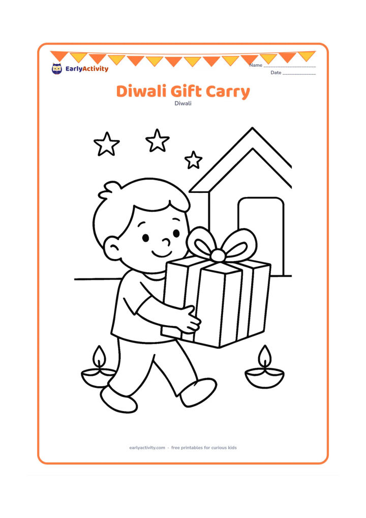 Colouring page: Draw one smiling child carrying a large wrapped gift box with a broad ribbon while walking toward a home doorway. Add two simple diyas on the ground and a few large stars in the evening sky.