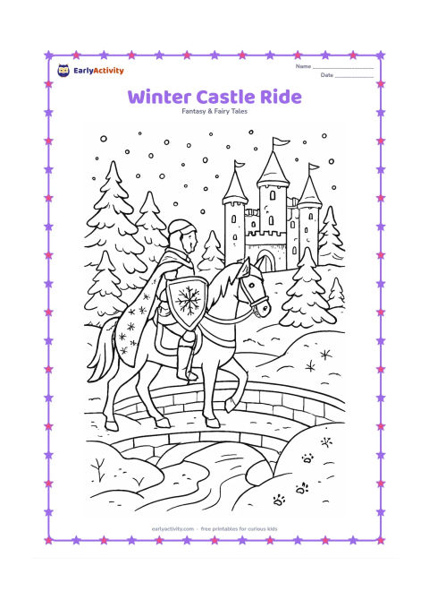 Colouring page: A knight rides a calm horse across a snowy bridge toward a castle in winter, carrying a shield and wearing a decorated cloak. Add snow-covered towers, pine trees, icicles, a frozen…