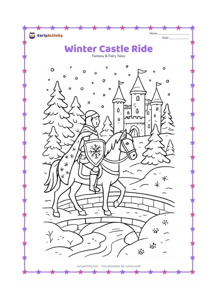 Colouring page: A knight rides a calm horse across a snowy bridge toward a castle in winter, carrying a shield and wearing a decorated cloak. Add snow-covered towers, pine trees, icicles, a frozen…