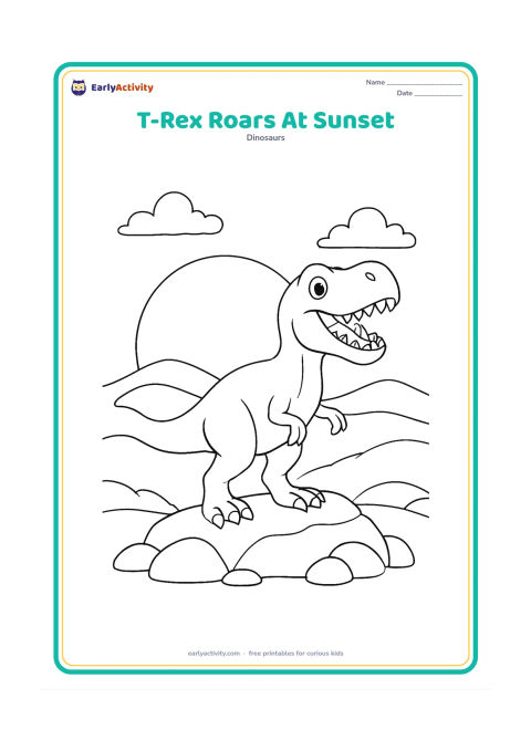 Colouring page: A T-Rex stands on a low rocky rise with its head raised in a friendly roar, tail sweeping behind it. Show a large setting sun, layered hills, and a few clouds.