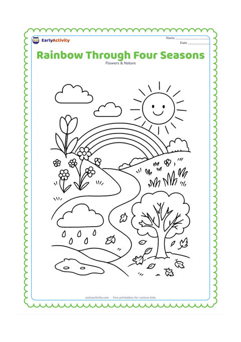 Colouring page: Divide the scene into four flowing landscape areas joined by one rainbow: spring flowers, a sunny summer meadow, autumn trees and a winter hill with melting snow and raindrops. Keep each…