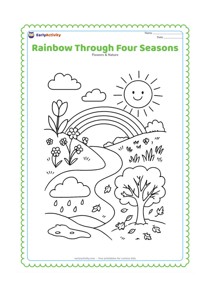 Colouring page: Divide the scene into four flowing landscape areas joined by one rainbow: spring flowers, a sunny summer meadow, autumn trees and a winter hill with melting snow and raindrops. Keep each…