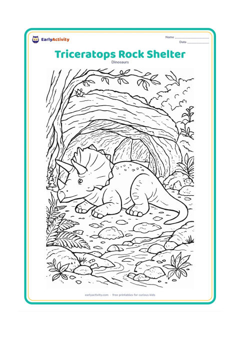 Colouring page: A triceratops rests near a shallow natural rock shelter surrounded by ferns, mossy stones, tree roots, fallen leaves, and a small trickling stream. Show the shelter as open and welcoming…
