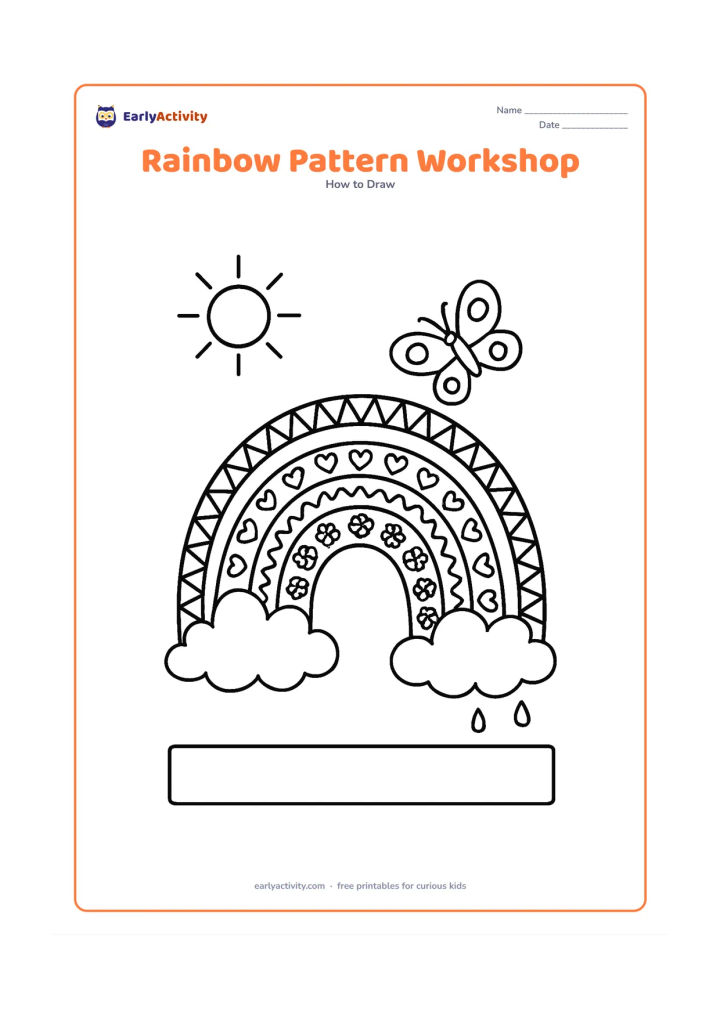 Worksheet: Show a large rainbow whose bands contain carefully repeated geometric and nature patterns, with clouds, a sun, a butterfly and a few raindrops around it. Leave a blank patterned band at…