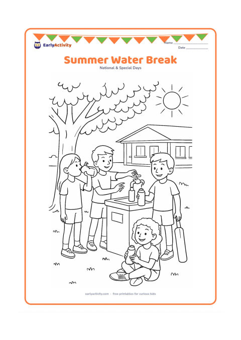 Colouring page: Four children take a refreshing water break under a large shade tree during a school games day. Show reusable bottles, a water station, a cricket bat resting nearby, a shaded veranda,…