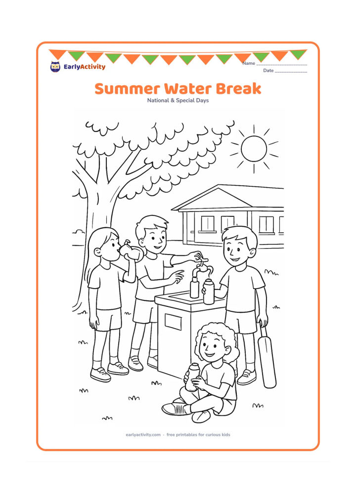 Colouring page: Four children take a refreshing water break under a large shade tree during a school games day. Show reusable bottles, a water station, a cricket bat resting nearby, a shaded veranda,…