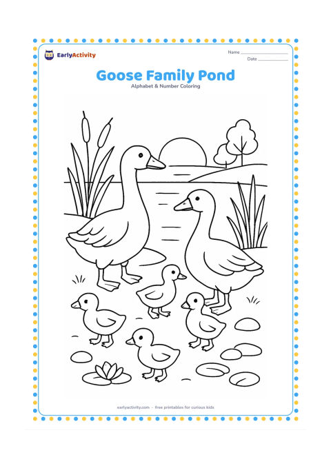 Colouring page: Two adult geese and three goslings walk near a pond at sunset. Add reeds, lily pads, smooth stones, and a few distant trees.