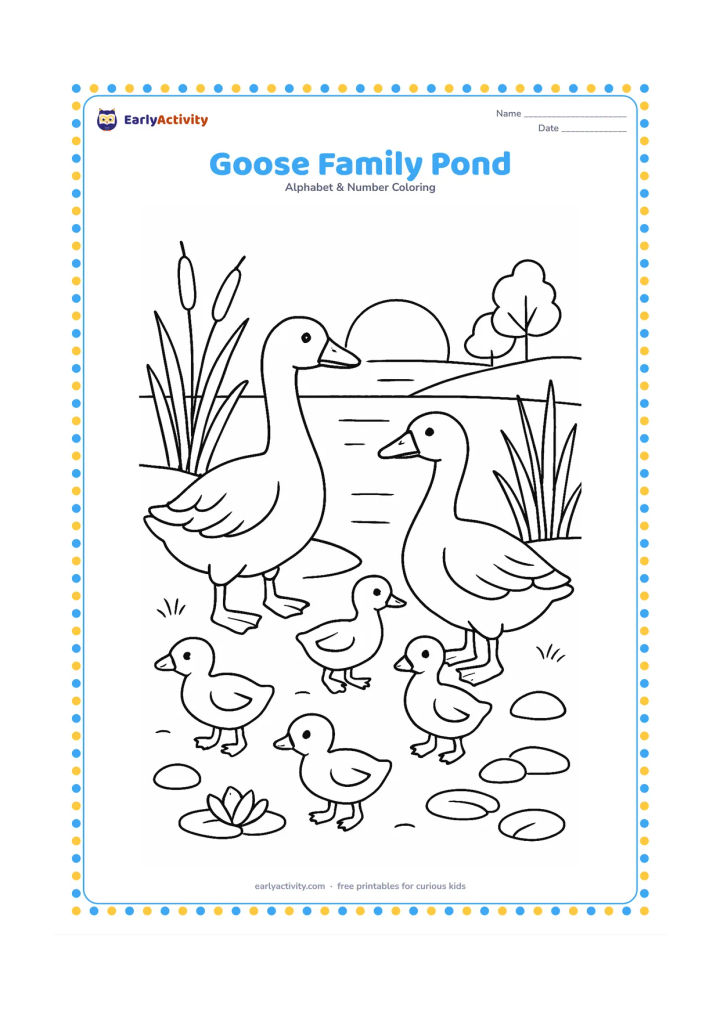 Colouring page: Two adult geese and three goslings walk near a pond at sunset. Add reeds, lily pads, smooth stones, and a few distant trees.