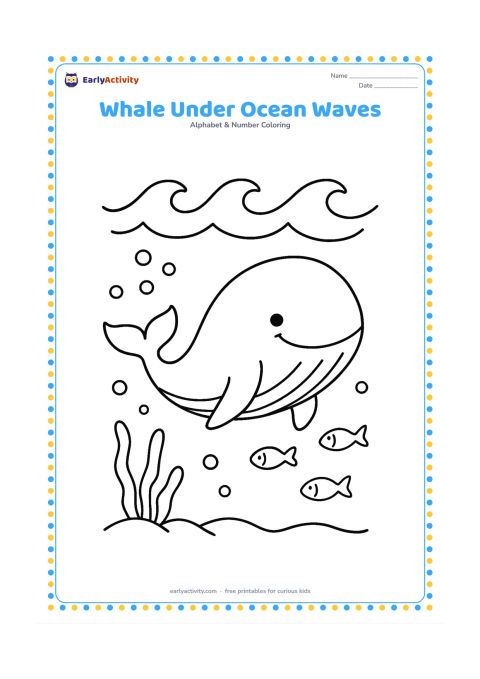Colouring page: Draw a smiling whale swimming beneath three rolling waves, with bubbles, seaweed, and two small fish around it. Compose the whale diagonally across the page for a lively scene.