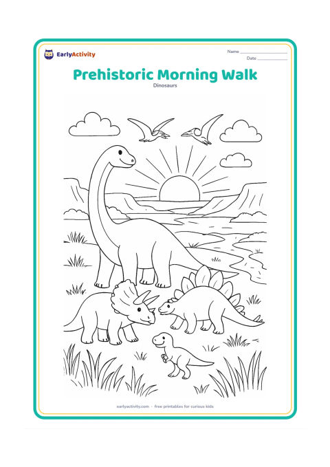 Colouring page: Draw a detailed sunrise scene with a dinosaur family walking across a plain: a Brachiosaurus, Triceratops, Stegosaurus and baby T-Rex. Add long morning shadows, layered grasses, distant…
