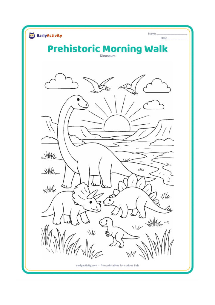 Colouring page: Draw a detailed sunrise scene with a dinosaur family walking across a plain: a Brachiosaurus, Triceratops, Stegosaurus and baby T-Rex. Add long morning shadows, layered grasses, distant…