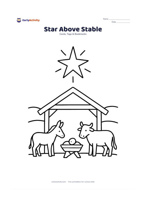Worksheet: Draw a simple stable outline beneath one large shining star, with a small manger and gentle animals visible inside. Add a few broad hills behind the stable and leave plenty of open sky.